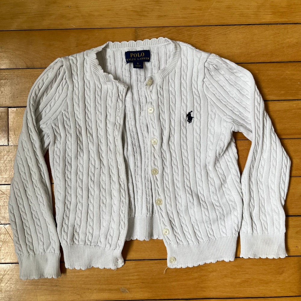 Polo Ralph Lauren Girls White Cable Knit Cardigan Sweater Size 5 Pony Logo